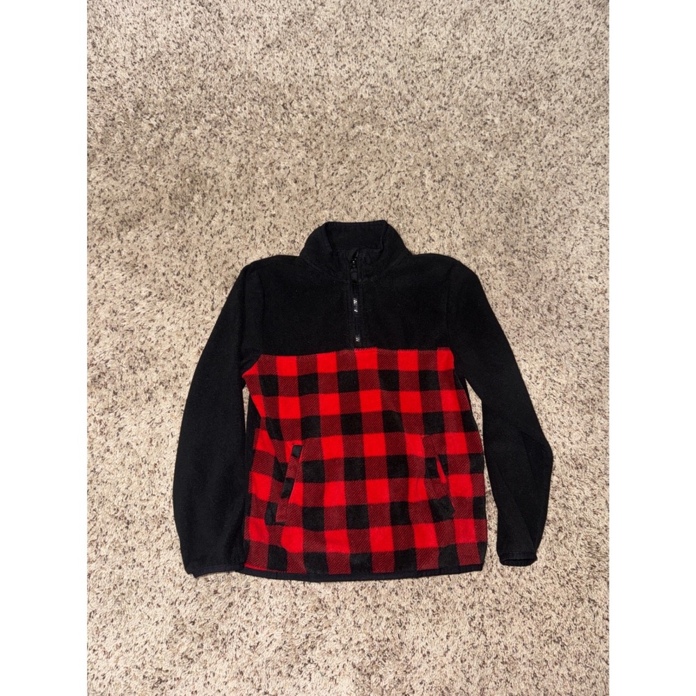 Wonder Nation Kids Red Black Buffalo Plaid Fleece Half Zip Pullover Size L 10 12